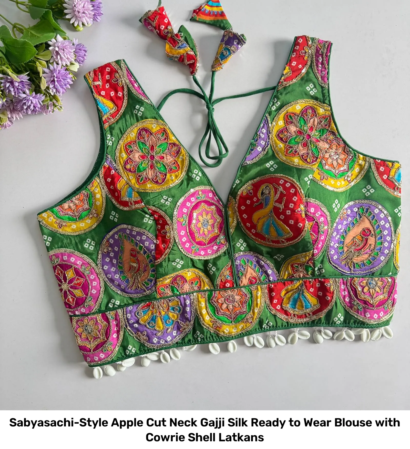 Sabyasachi-Style Apple Cut Neck Gajji Silk Ready to Wear Blouse with Cowrie Shell Latkans 12