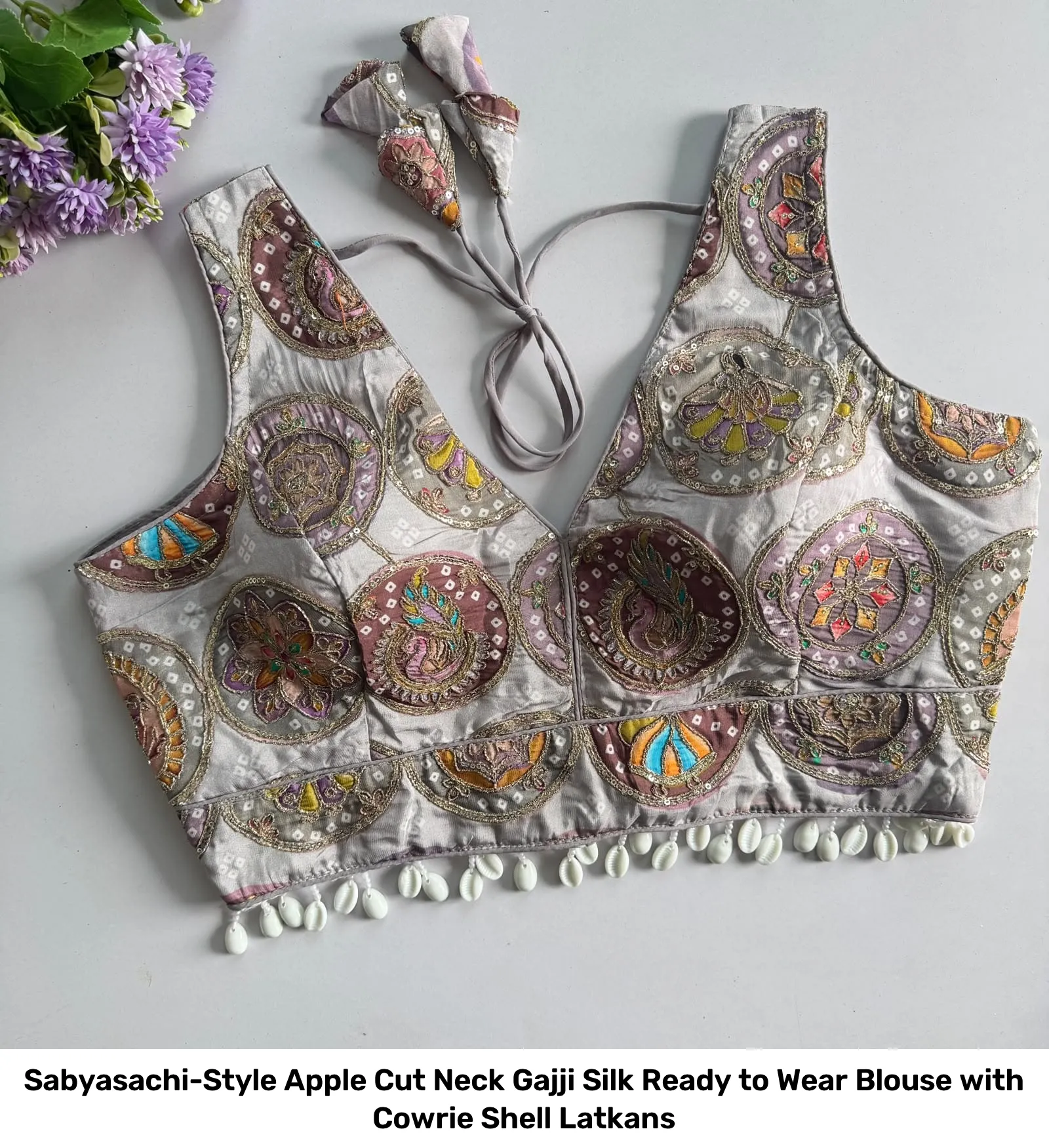Sabyasachi-Style Apple Cut Neck Gajji Silk Ready to Wear Blouse with Cowrie Shell Latkans 2
