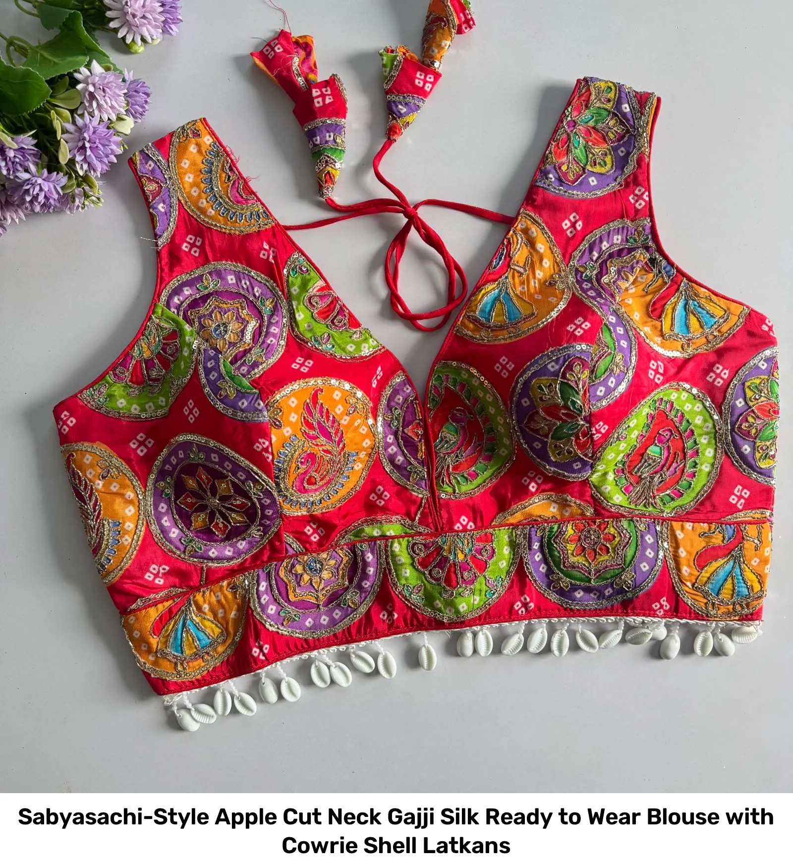 Sabyasachi-Style Apple Cut Neck Gajji Silk Ready to Wear Blouse with Cowrie Shell Latkans 3