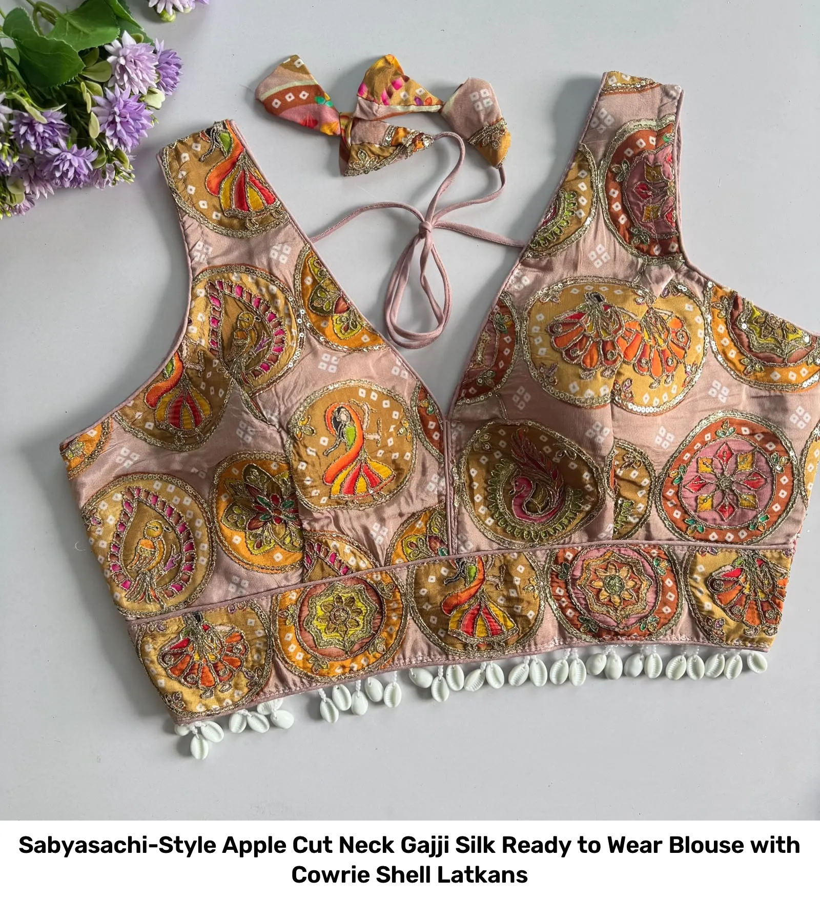 Sabyasachi-Style Apple Cut Neck Gajji Silk Ready to Wear Blouse with Cowrie Shell Latkans 4