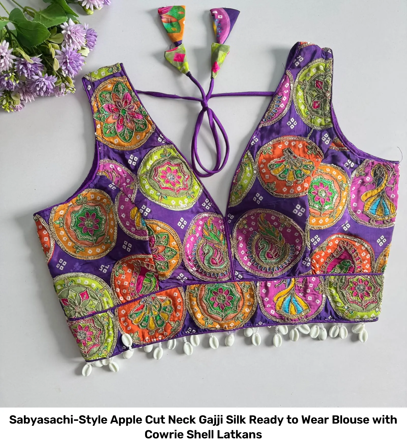 Sabyasachi-Style Apple Cut Neck Gajji Silk Ready to Wear Blouse with Cowrie Shell Latkans 5
