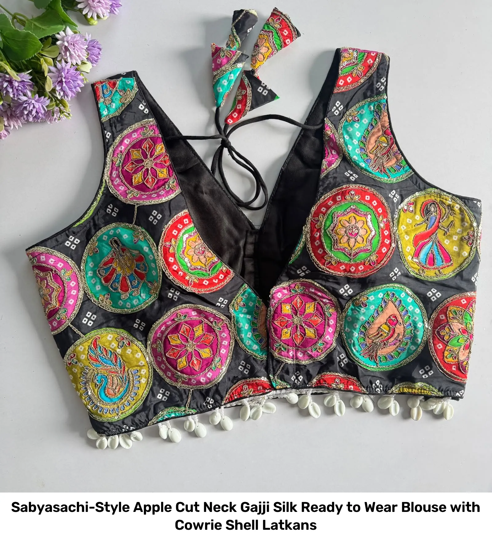Sabyasachi-Style Apple Cut Neck Gajji Silk Ready to Wear Blouse with Cowrie Shell Latkans 6