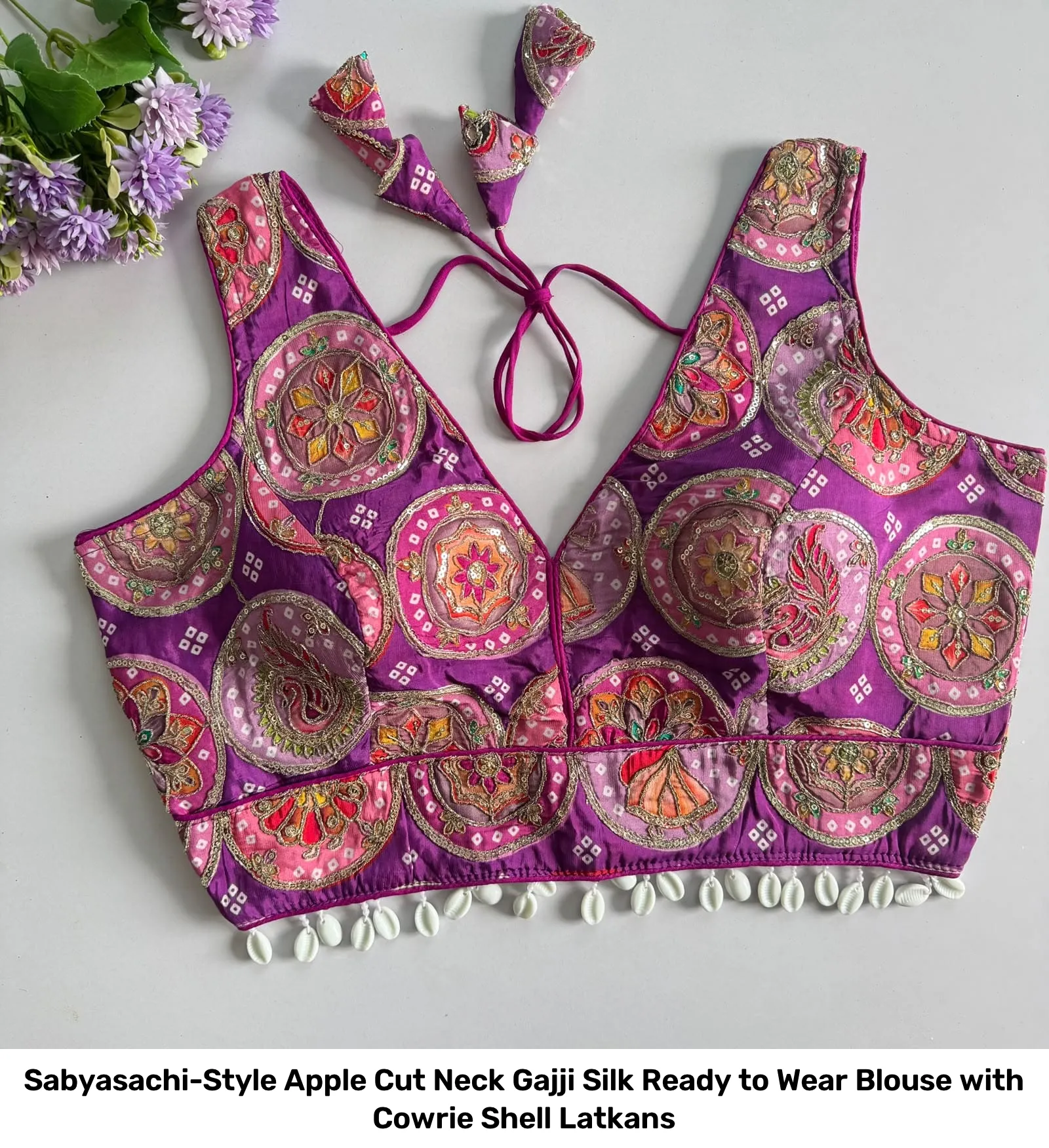 Sabyasachi-Style Apple Cut Neck Gajji Silk Ready to Wear Blouse with Cowrie Shell Latkans 7