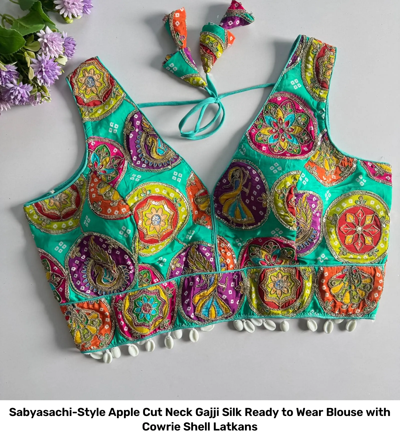 Sabyasachi-Style Apple Cut Neck Gajji Silk Ready to Wear Blouse with Cowrie Shell Latkans 8