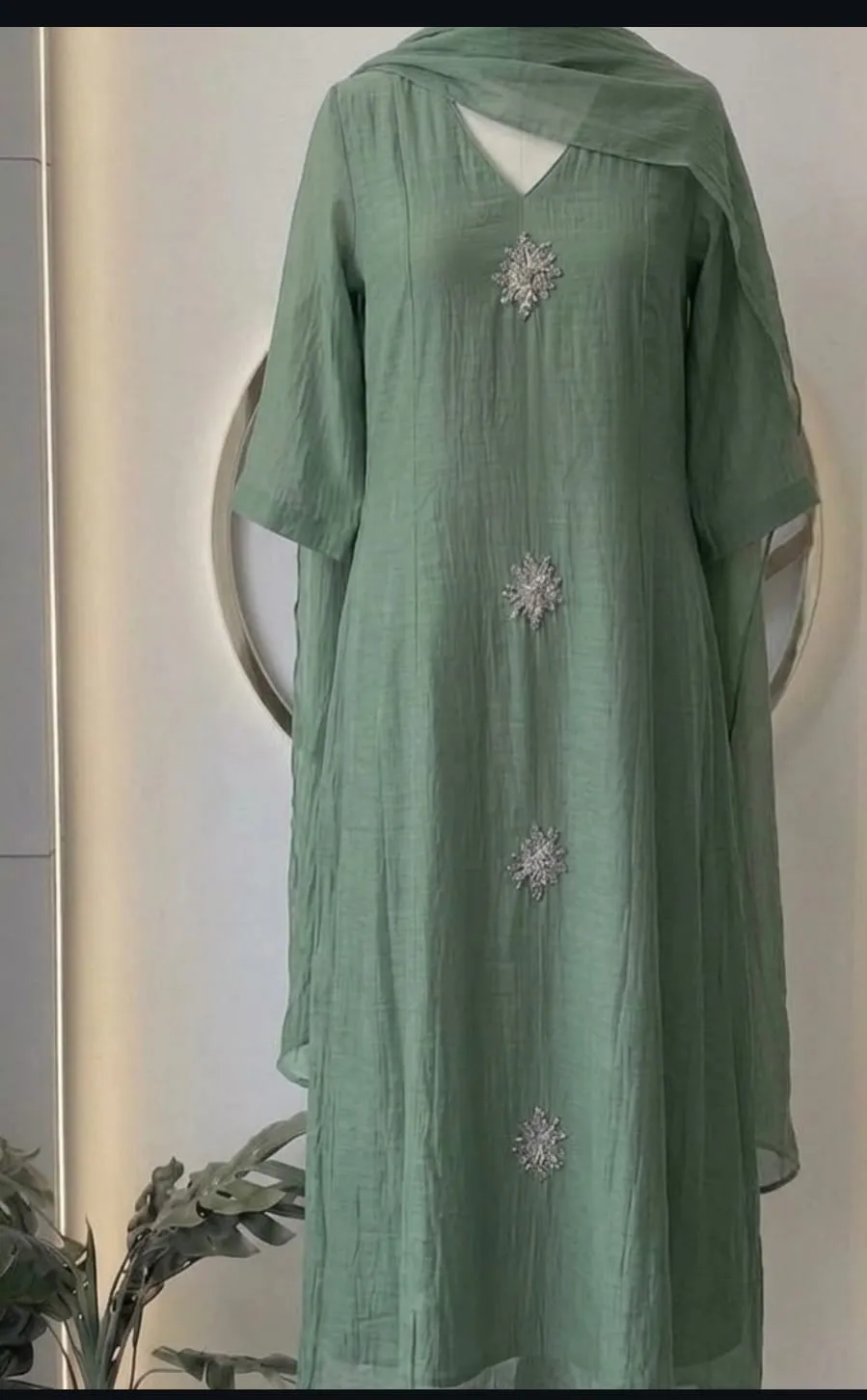 Sage Green Chanderi Silk Straight Kurti Suit Set | Handcrafted Floral Motif Embroidery with Dupatta