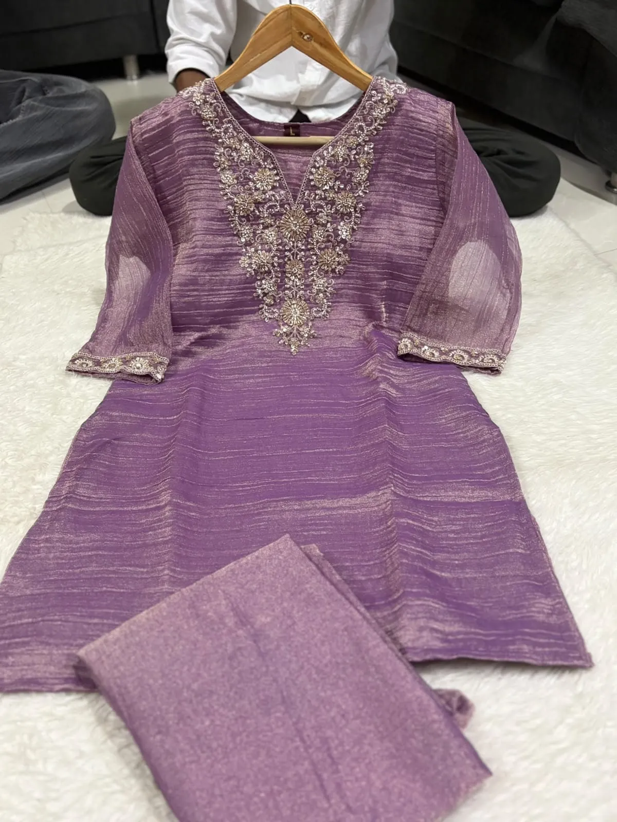 Salsa Tissue Embroidered Ethnic Co-ord Set with Scalloped Neckline & Trousers