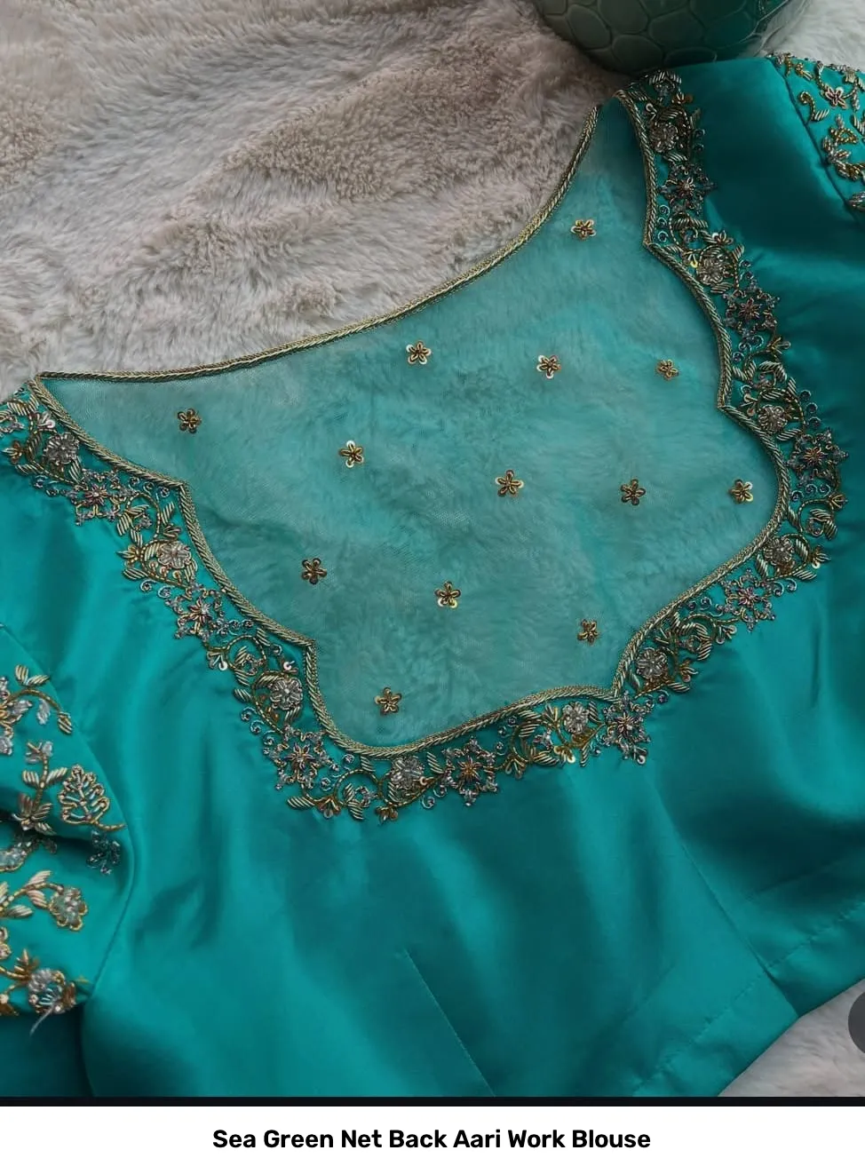 Sea Green Net Back Aari Work Blouse 2