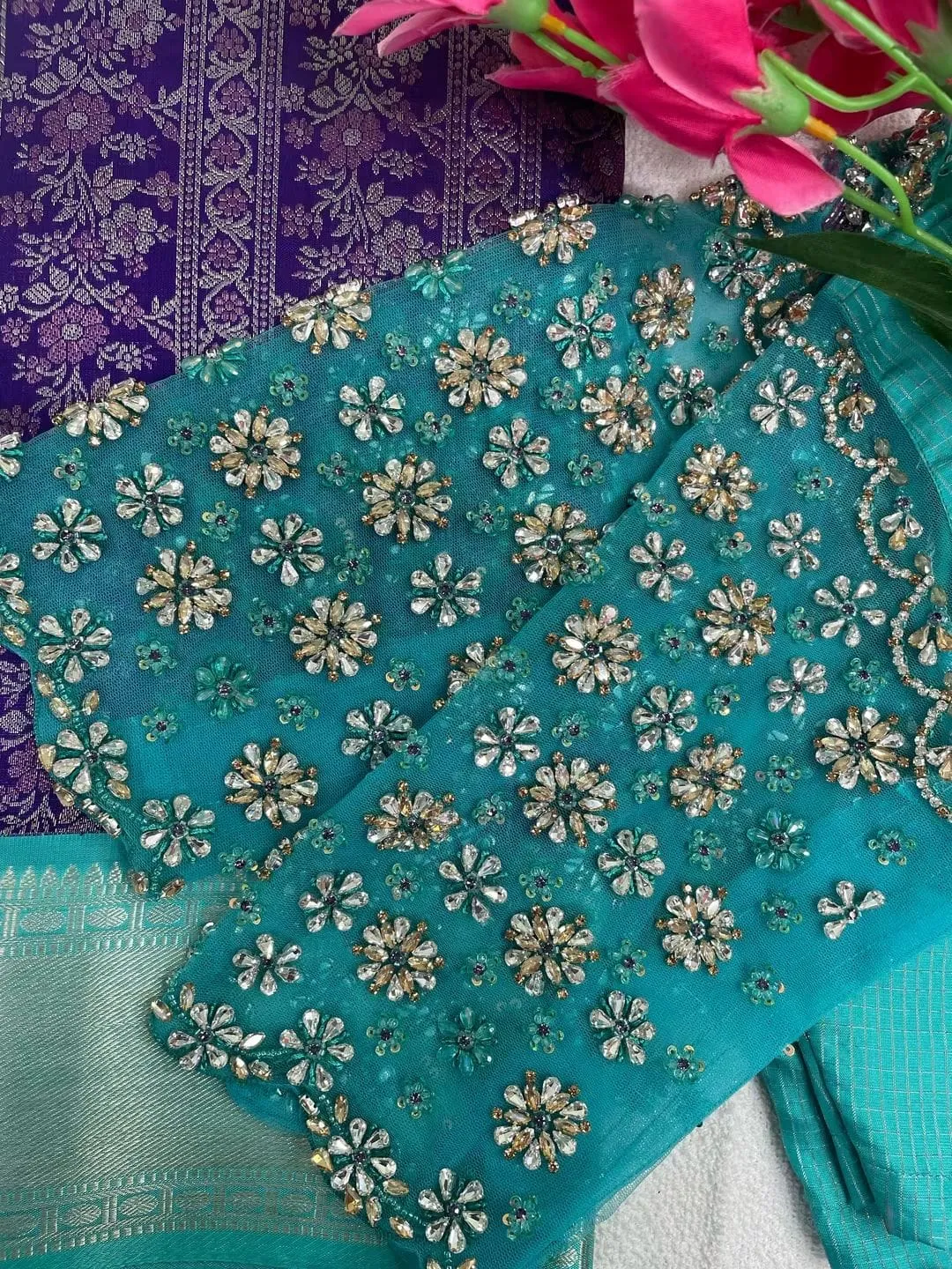 Sea Green Net Sleeve Saree Blouse – 3D Crystal Flower Maggam Work Choli, Cutout Illusion Back Bridal Reception Top