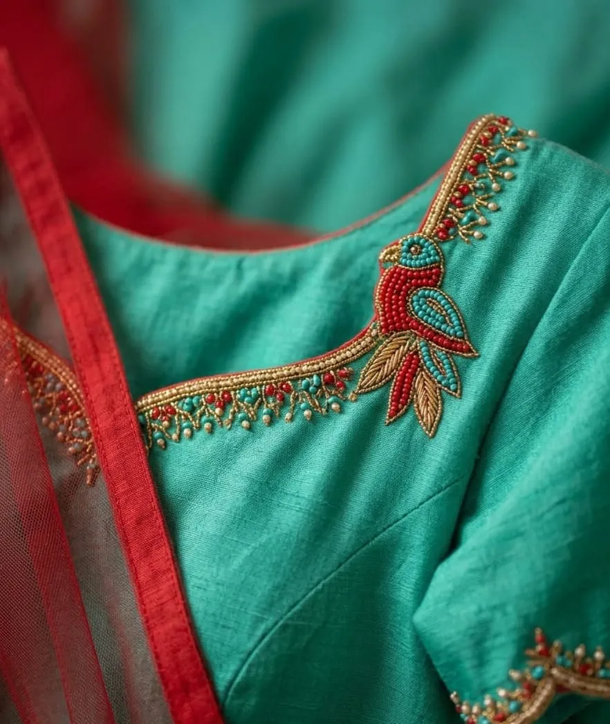 Sea Green Silk Anarkali Gown with Hand Embroidered Parrot Motif & Red Net Dupatta | Long Ethnic Party Wear Dress