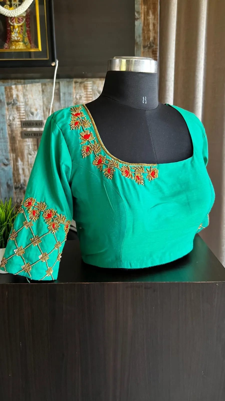 Sea Green Silk Bridal Blouse with Maggam Work | Red Floral Jaal Embroidery & Oval Cutout Back Neck