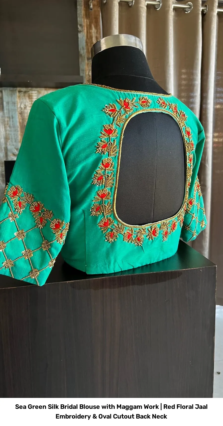 Sea Green Silk Bridal Blouse with Maggam Work | Red Floral Jaal Embroidery & Oval Cutout Back Neck 2