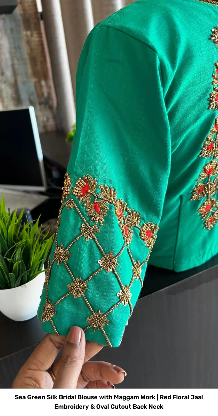 Sea Green Silk Bridal Blouse with Maggam Work | Red Floral Jaal Embroidery & Oval Cutout Back Neck 4
