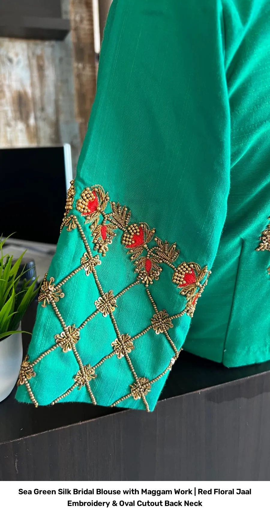 Sea Green Silk Bridal Blouse with Maggam Work | Red Floral Jaal Embroidery & Oval Cutout Back Neck 5