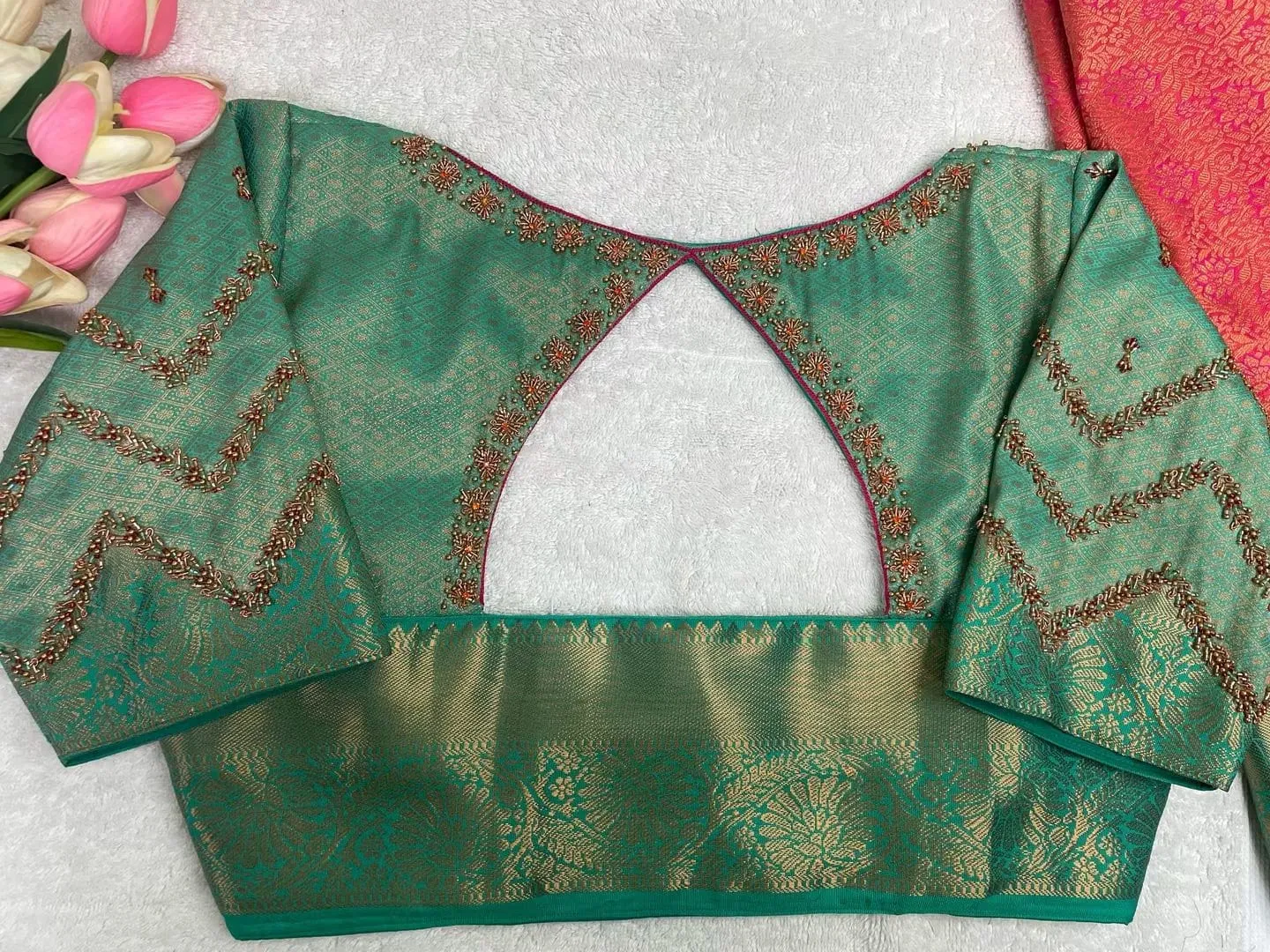 Sea Green Silk Saree Blouse with Triangle Cut-Out Back | Handcrafted Aari Maggam Work Designer Blouse with Zig-Zag Sleeves