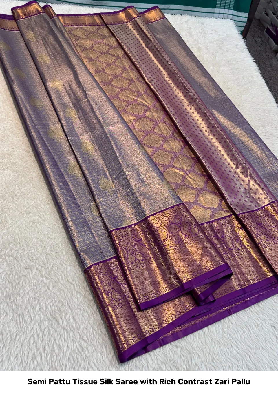 Semi Pattu Tissue Silk Saree with Rich Contrast Zari Pallu 13