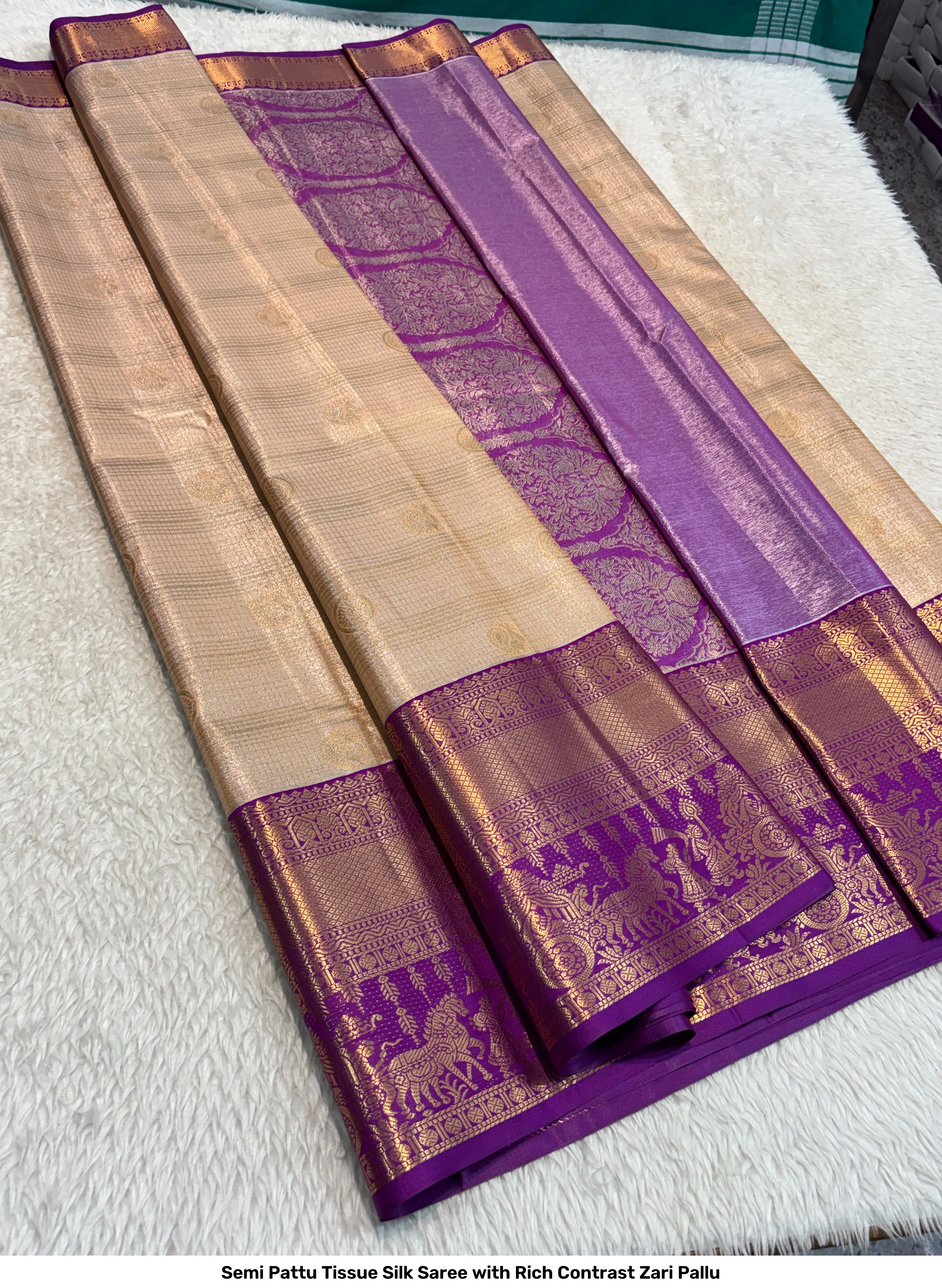 Semi Pattu Tissue Silk Saree with Rich Contrast Zari Pallu 4