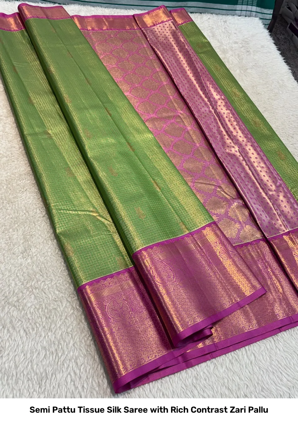 Semi Pattu Tissue Silk Saree with Rich Contrast Zari Pallu 7