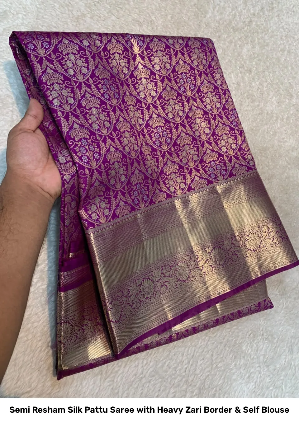 Semi Resham Silk Pattu Saree with Heavy Zari Border & Self Blouse 3