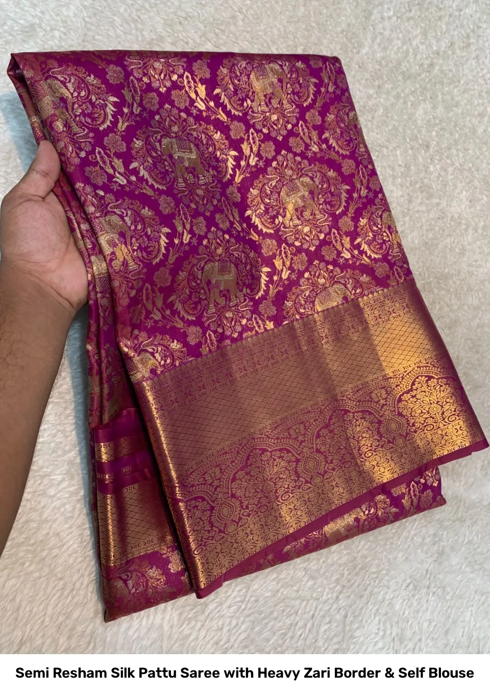Semi Resham Silk Pattu Saree with Heavy Zari Border & Self Blouse 4
