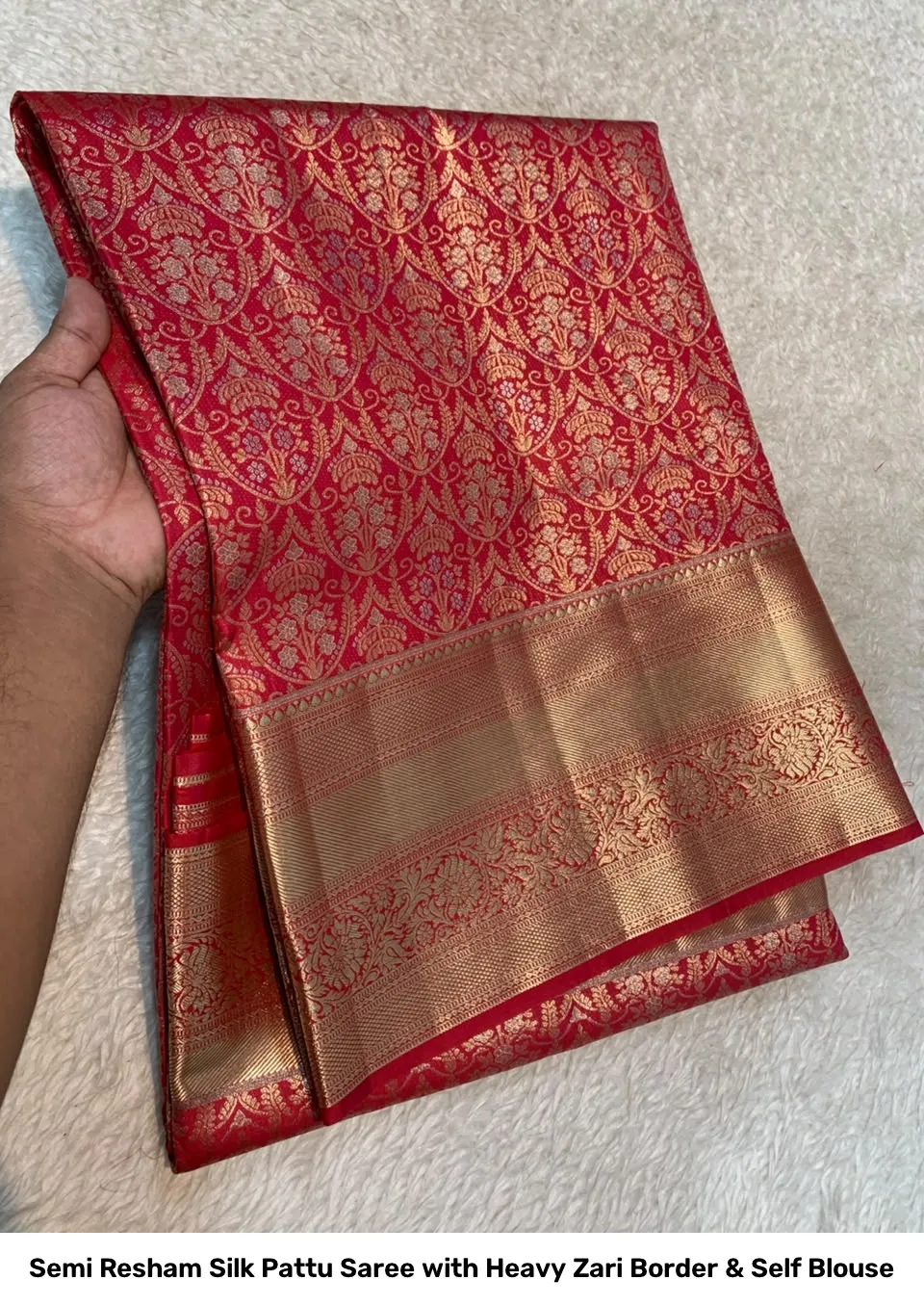 Semi Resham Silk Pattu Saree with Heavy Zari Border & Self Blouse 6