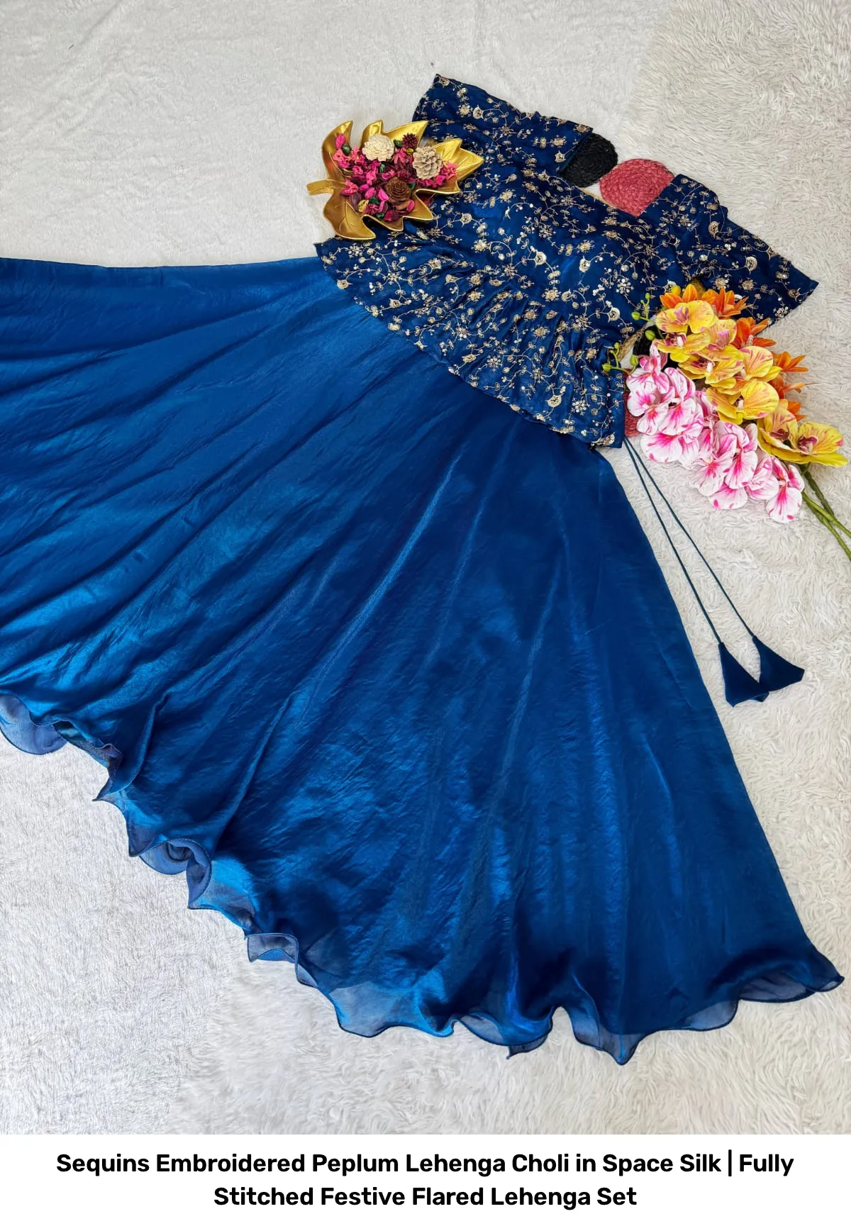 Sequins Embroidered Peplum Lehenga Choli in Space Silk | Fully Stitched Festive Flared Lehenga Set 10