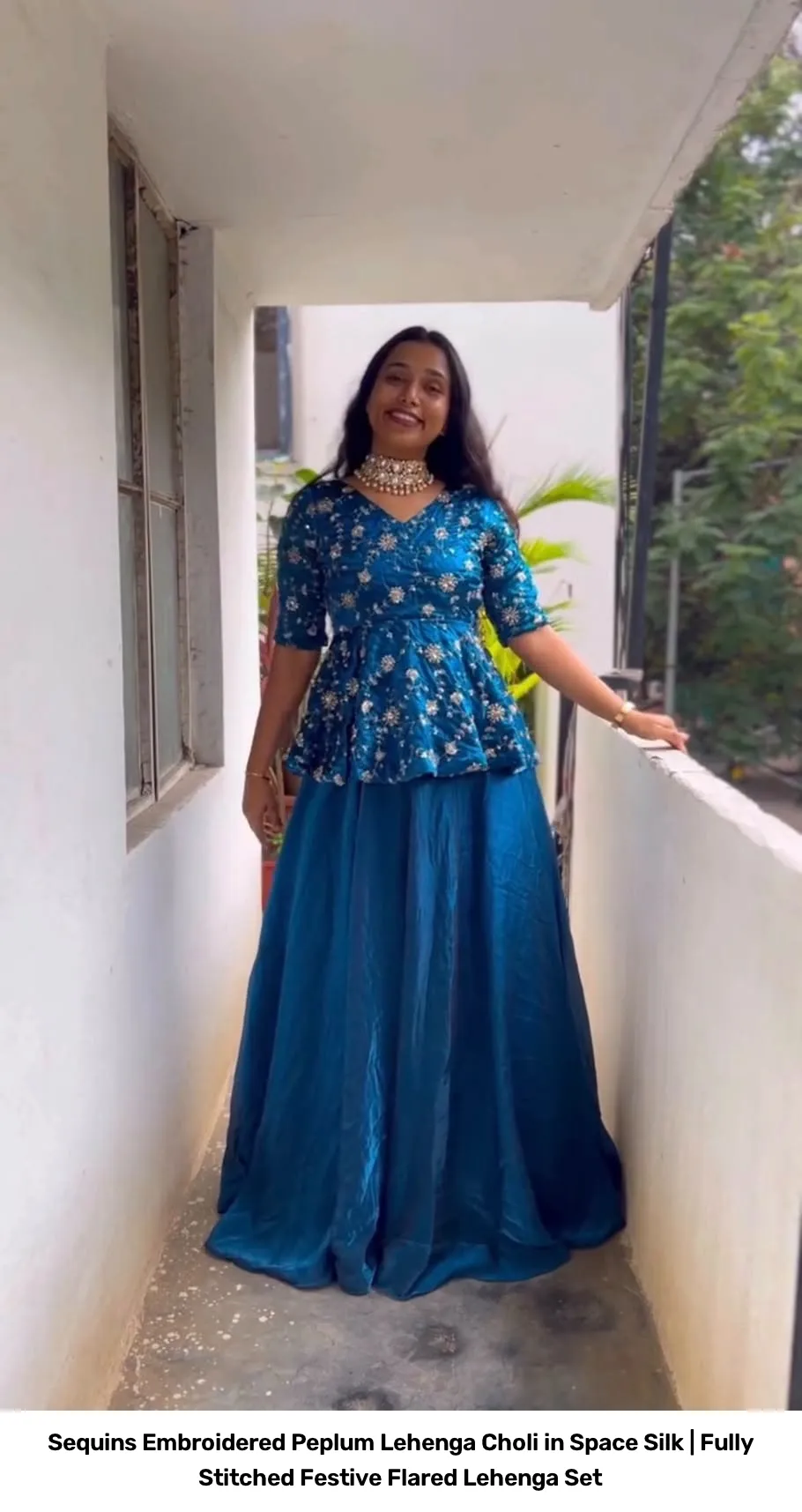 Sequins Embroidered Peplum Lehenga Choli in Space Silk | Fully Stitched Festive Flared Lehenga Set 12