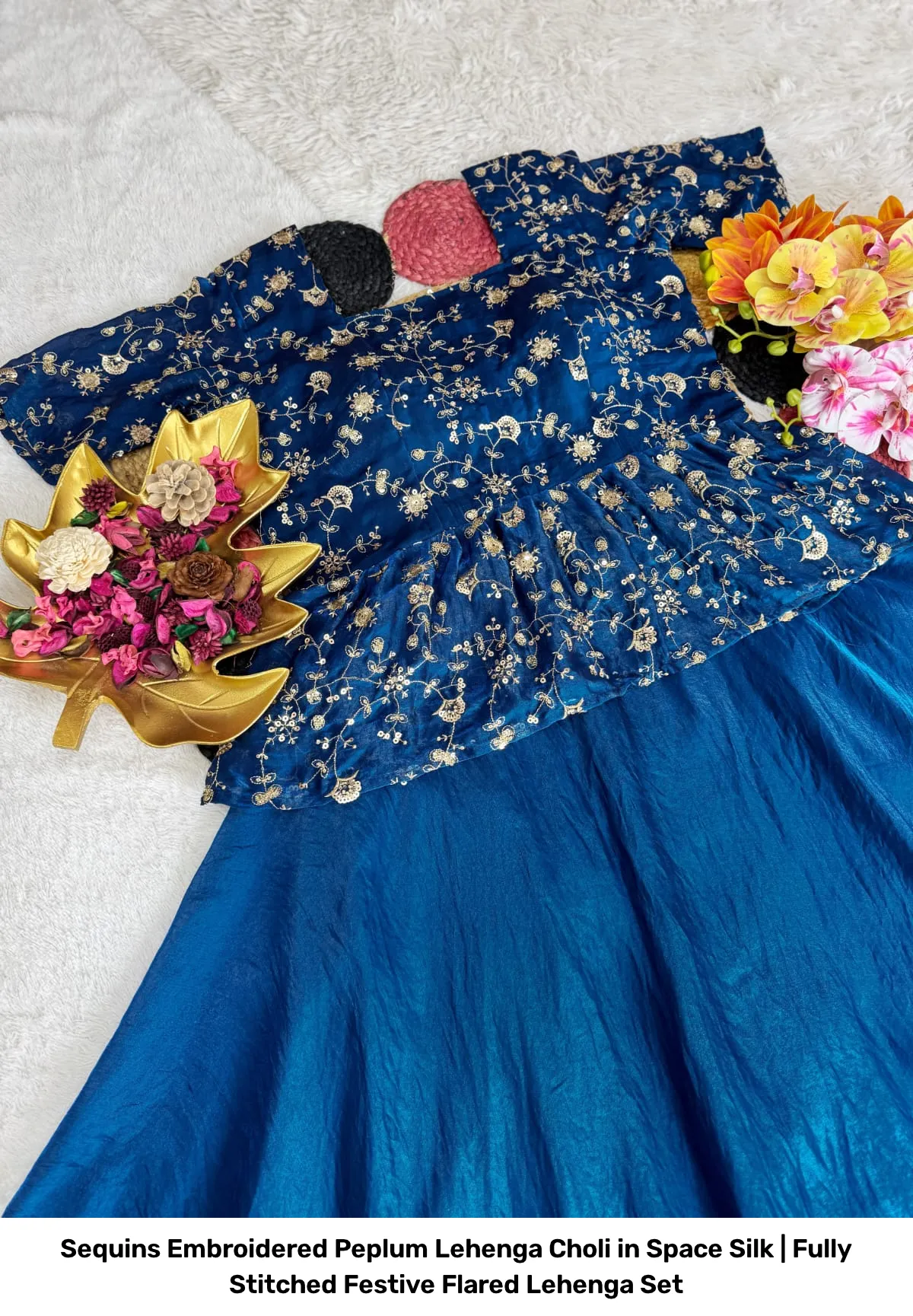 Sequins Embroidered Peplum Lehenga Choli in Space Silk | Fully Stitched Festive Flared Lehenga Set 13