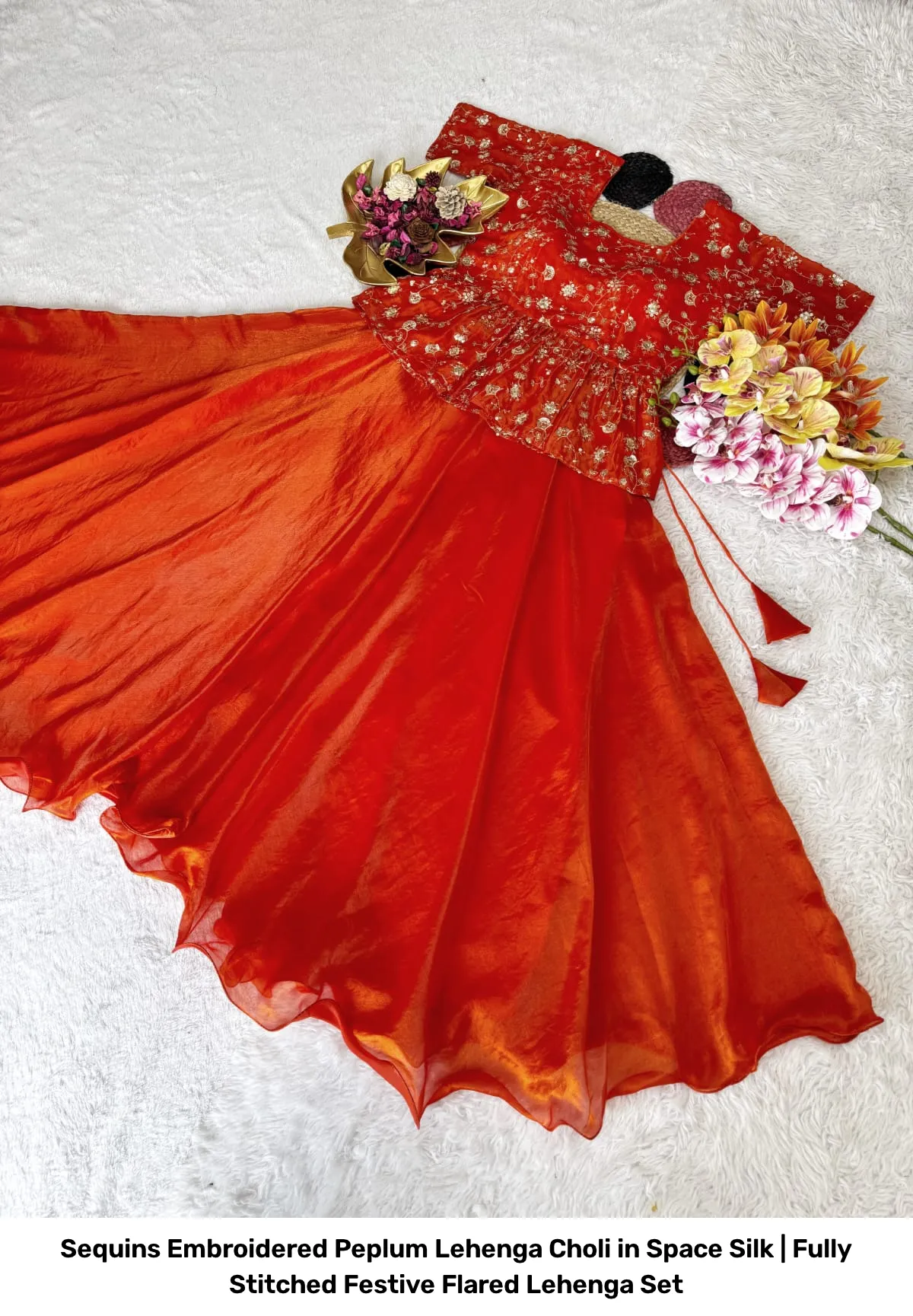 Sequins Embroidered Peplum Lehenga Choli in Space Silk | Fully Stitched Festive Flared Lehenga Set 15