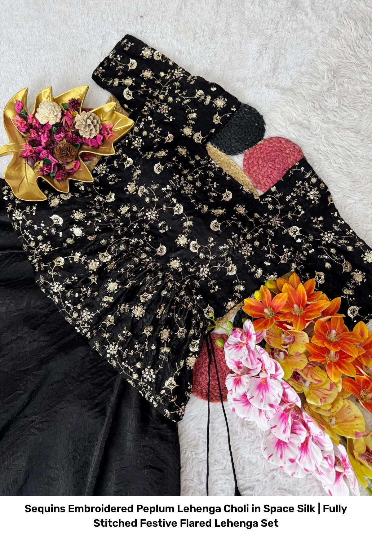 Sequins Embroidered Peplum Lehenga Choli in Space Silk | Fully Stitched Festive Flared Lehenga Set 2