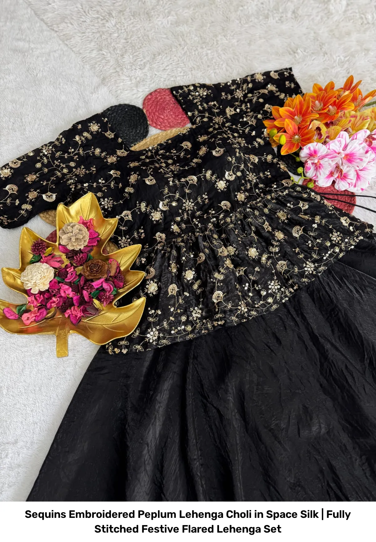 Sequins Embroidered Peplum Lehenga Choli in Space Silk | Fully Stitched Festive Flared Lehenga Set 3
