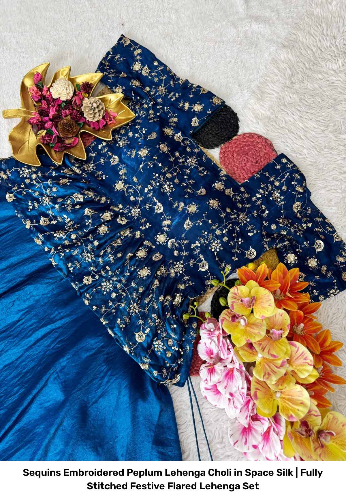 Sequins Embroidered Peplum Lehenga Choli in Space Silk | Fully Stitched Festive Flared Lehenga Set 4
