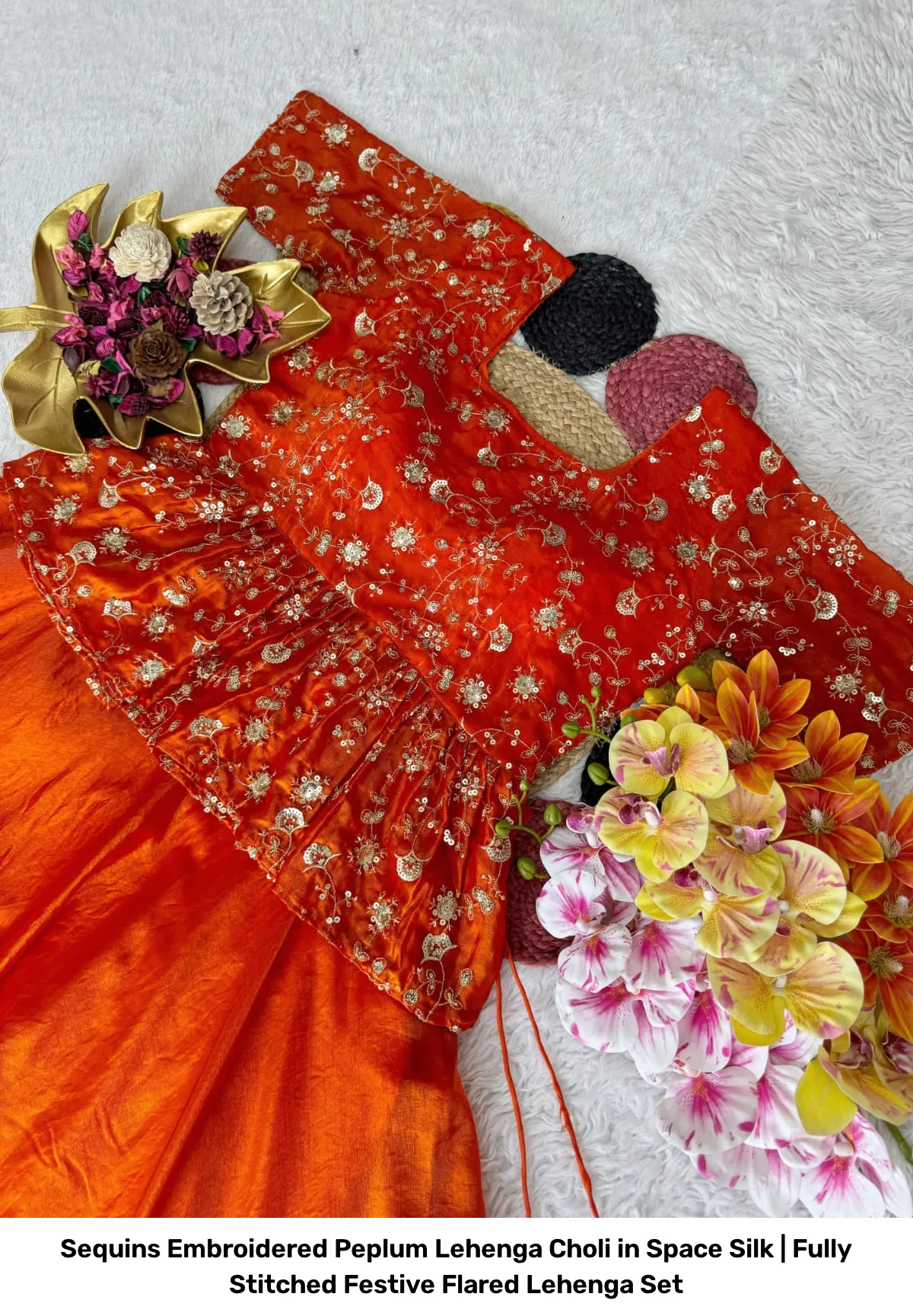 Sequins Embroidered Peplum Lehenga Choli in Space Silk | Fully Stitched Festive Flared Lehenga Set 5