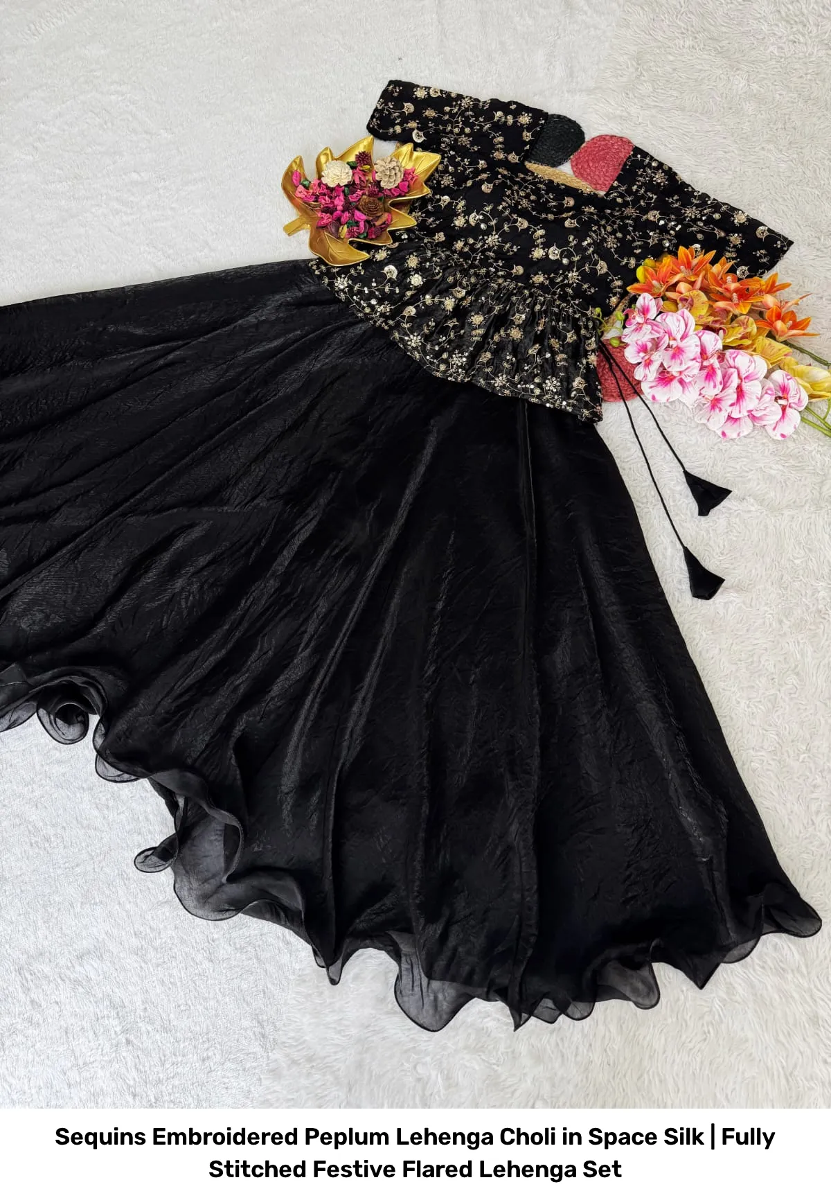 Sequins Embroidered Peplum Lehenga Choli in Space Silk | Fully Stitched Festive Flared Lehenga Set 6