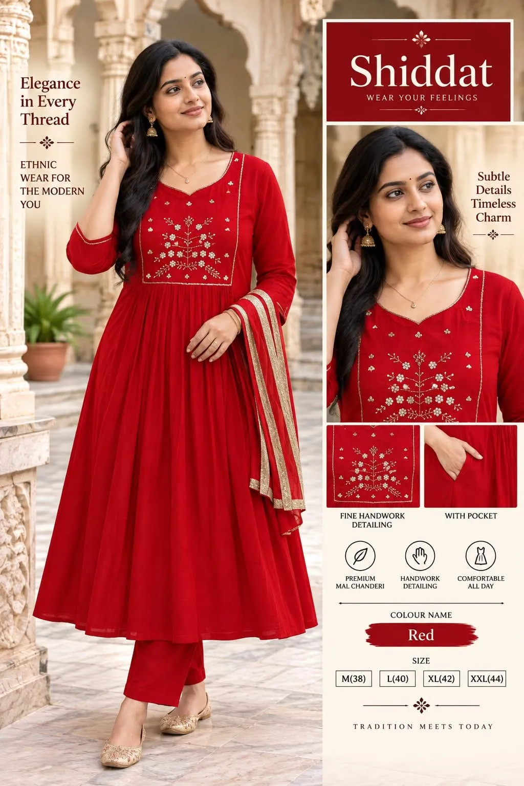Shiddat Mul Chanderi Handwork Anarkali Kurti with Roman Silk Pants & Dupatta Set | 3-Piece Festive Ethnic Suit