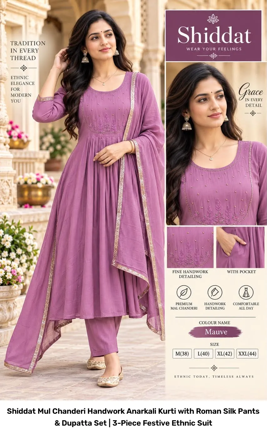 Shiddat Mul Chanderi Handwork Anarkali Kurti with Roman Silk Pants & Dupatta Set | 3-Piece Festive Ethnic Suit 10