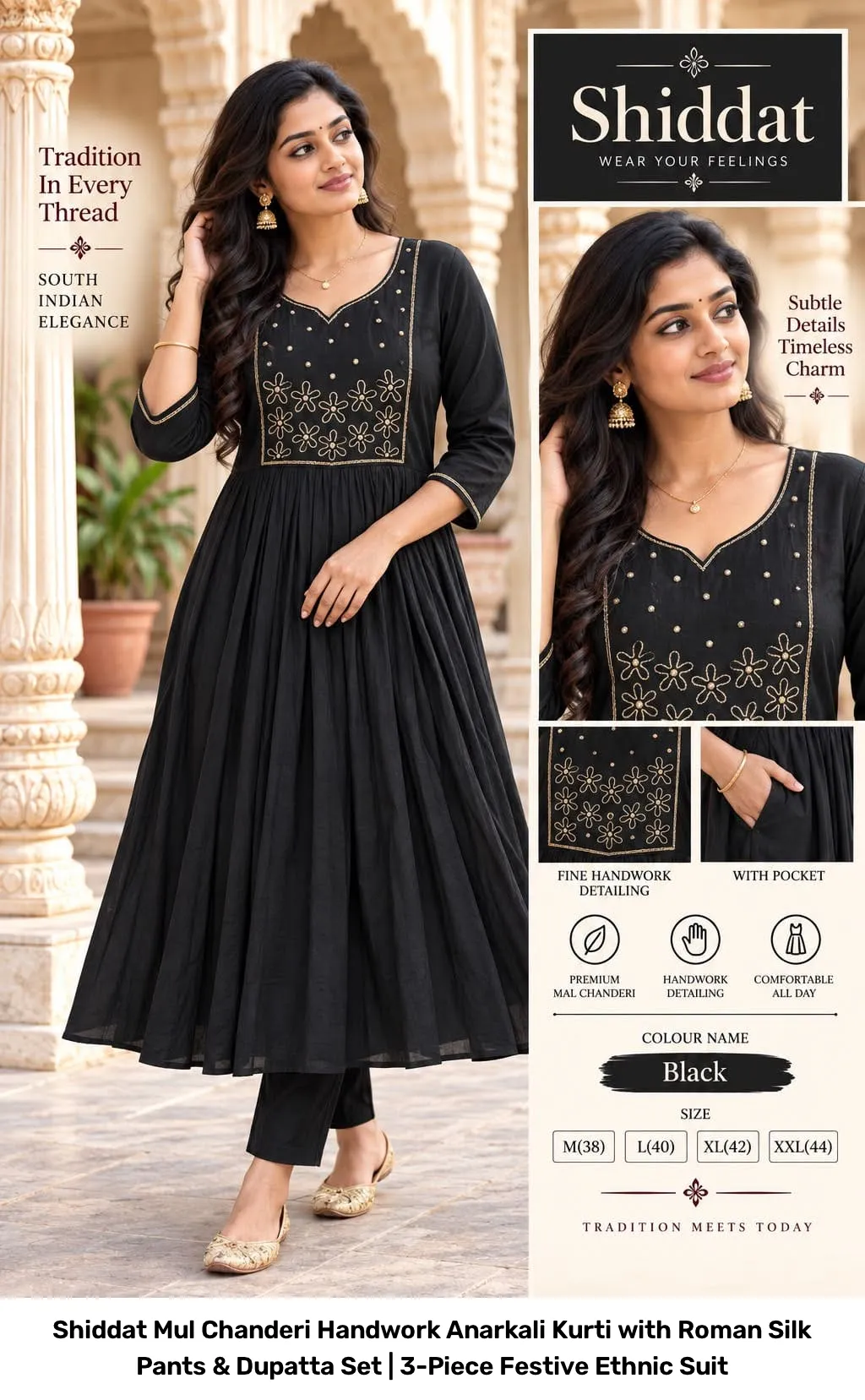 Shiddat Mul Chanderi Handwork Anarkali Kurti with Roman Silk Pants & Dupatta Set | 3-Piece Festive Ethnic Suit 11