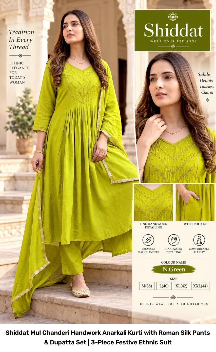 Shiddat Mul Chanderi Handwork Anarkali Kurti with Roman Silk Pants & Dupatta Set | 3-Piece Festive Ethnic Suit 12