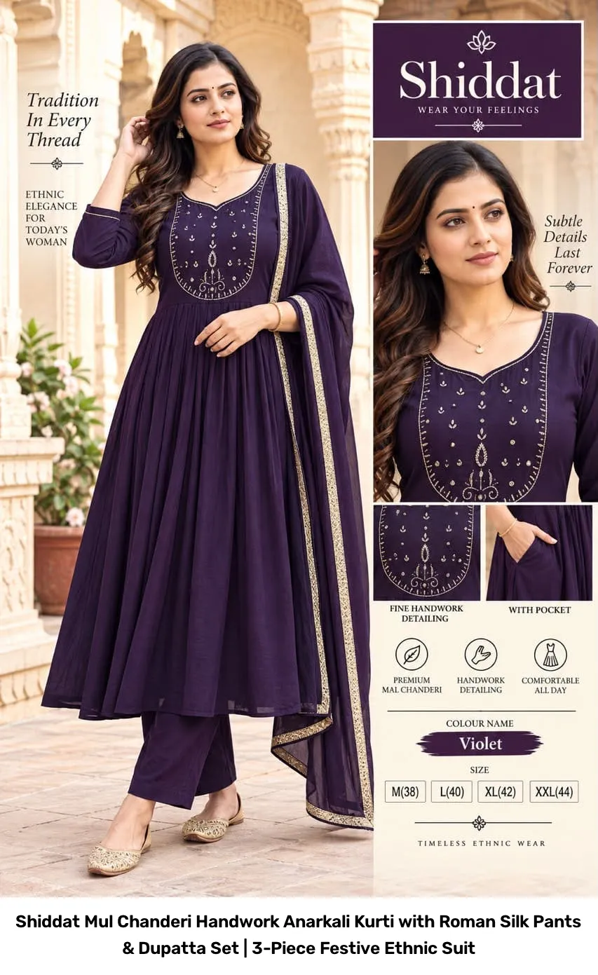 Shiddat Mul Chanderi Handwork Anarkali Kurti with Roman Silk Pants & Dupatta Set | 3-Piece Festive Ethnic Suit 13