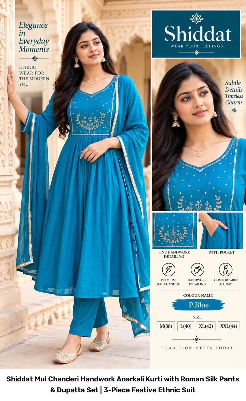 Shiddat Mul Chanderi Handwork Anarkali Kurti with Roman Silk Pants & Dupatta Set | 3-Piece Festive Ethnic Suit 14