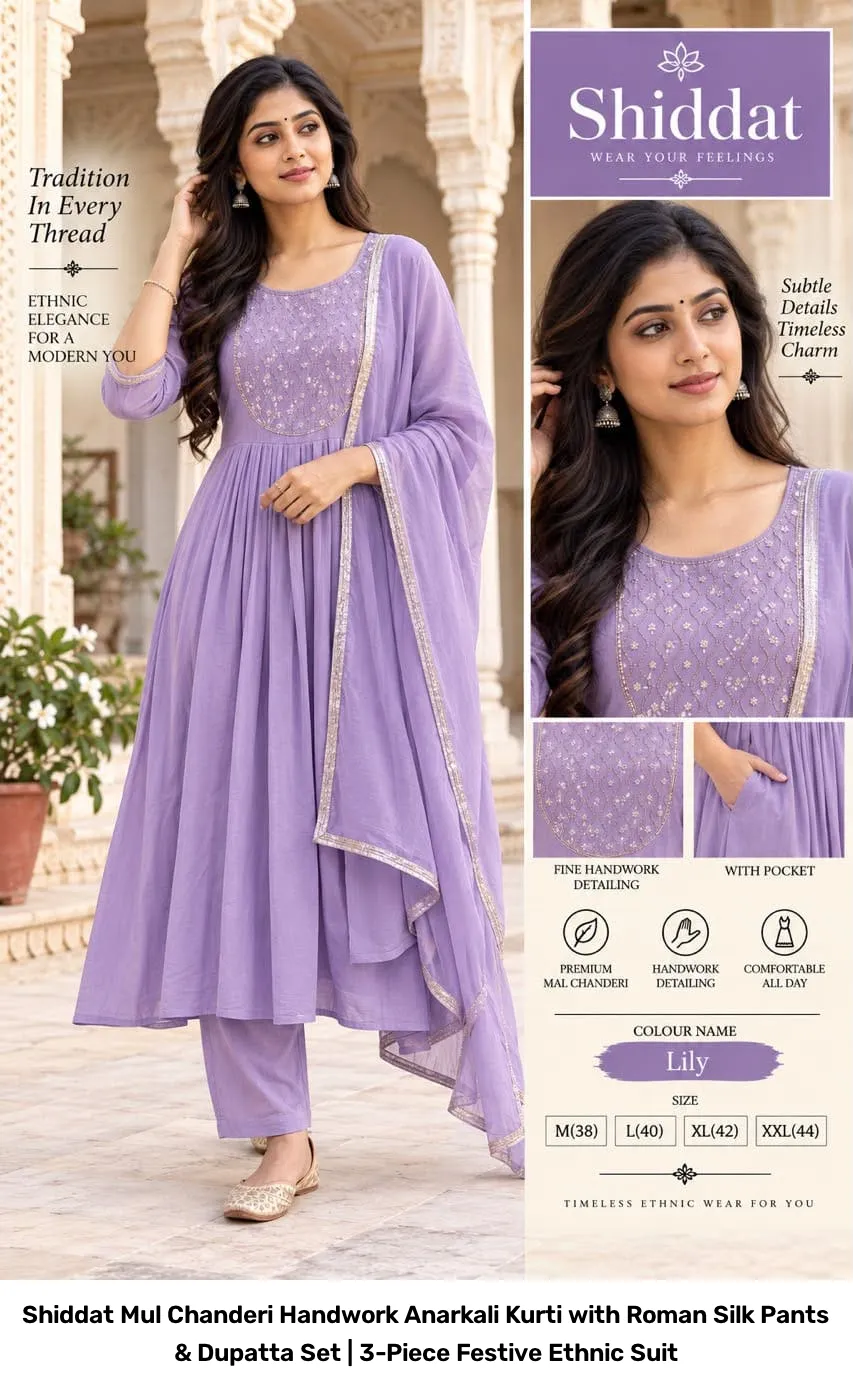 Shiddat Mul Chanderi Handwork Anarkali Kurti with Roman Silk Pants & Dupatta Set | 3-Piece Festive Ethnic Suit 2