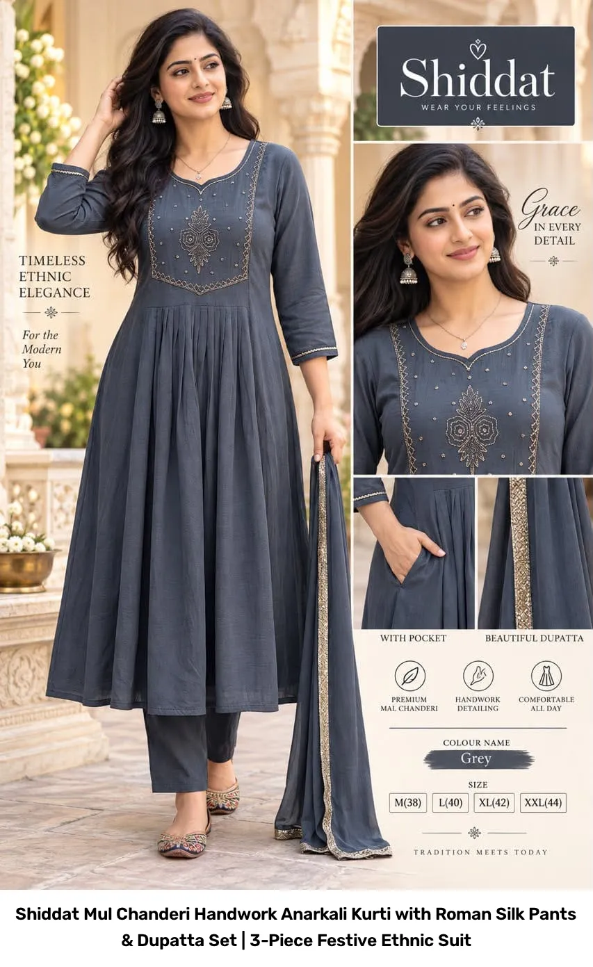 Shiddat Mul Chanderi Handwork Anarkali Kurti with Roman Silk Pants & Dupatta Set | 3-Piece Festive Ethnic Suit 3