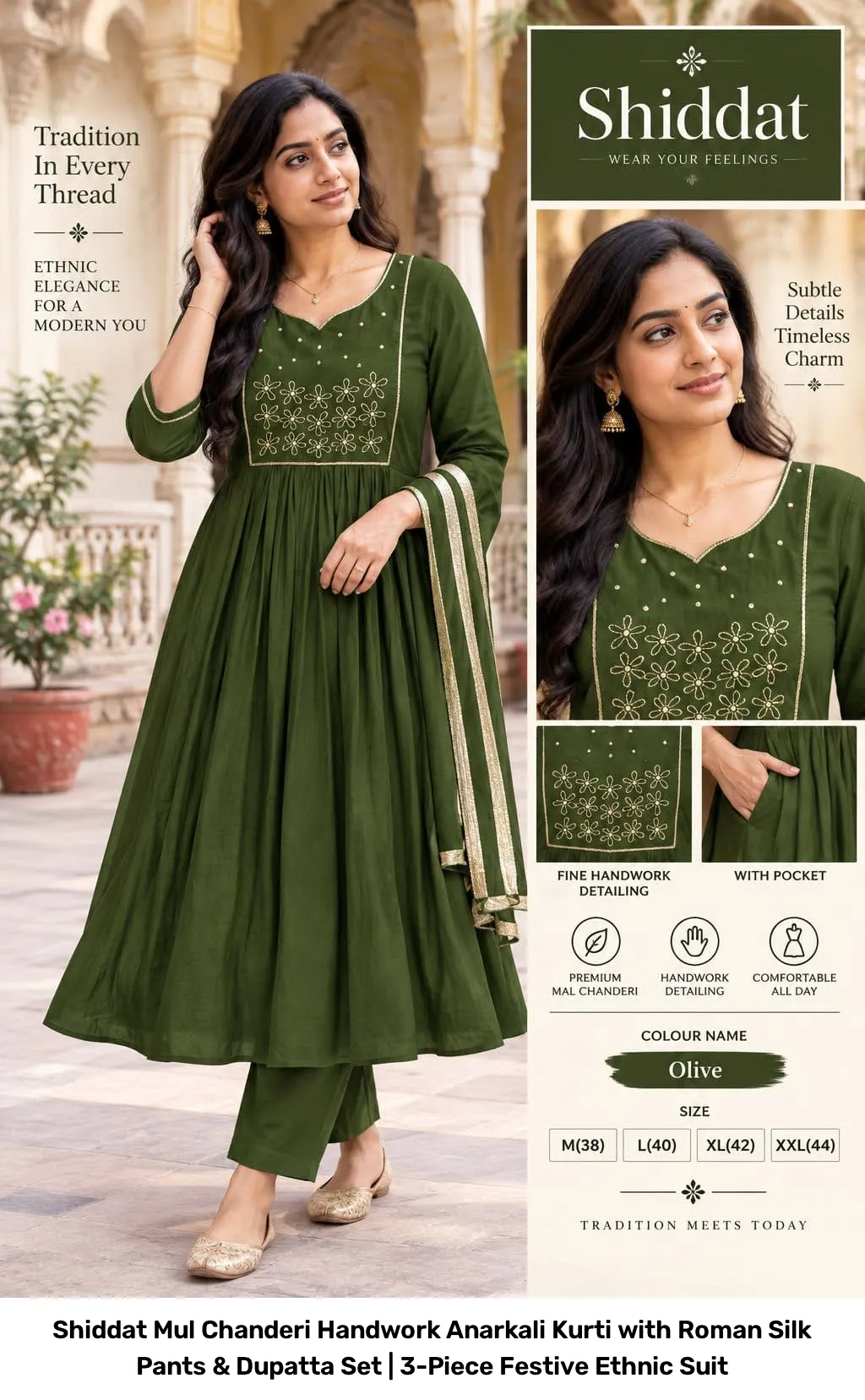 Shiddat Mul Chanderi Handwork Anarkali Kurti with Roman Silk Pants & Dupatta Set | 3-Piece Festive Ethnic Suit 4