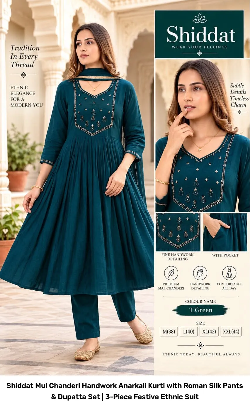 Shiddat Mul Chanderi Handwork Anarkali Kurti with Roman Silk Pants & Dupatta Set | 3-Piece Festive Ethnic Suit 5