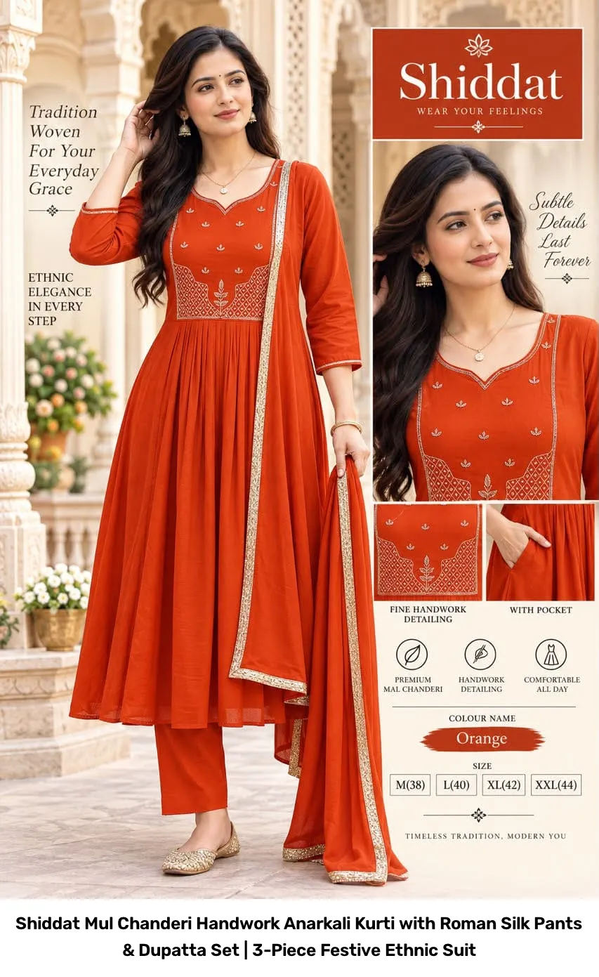 Shiddat Mul Chanderi Handwork Anarkali Kurti with Roman Silk Pants & Dupatta Set | 3-Piece Festive Ethnic Suit 6