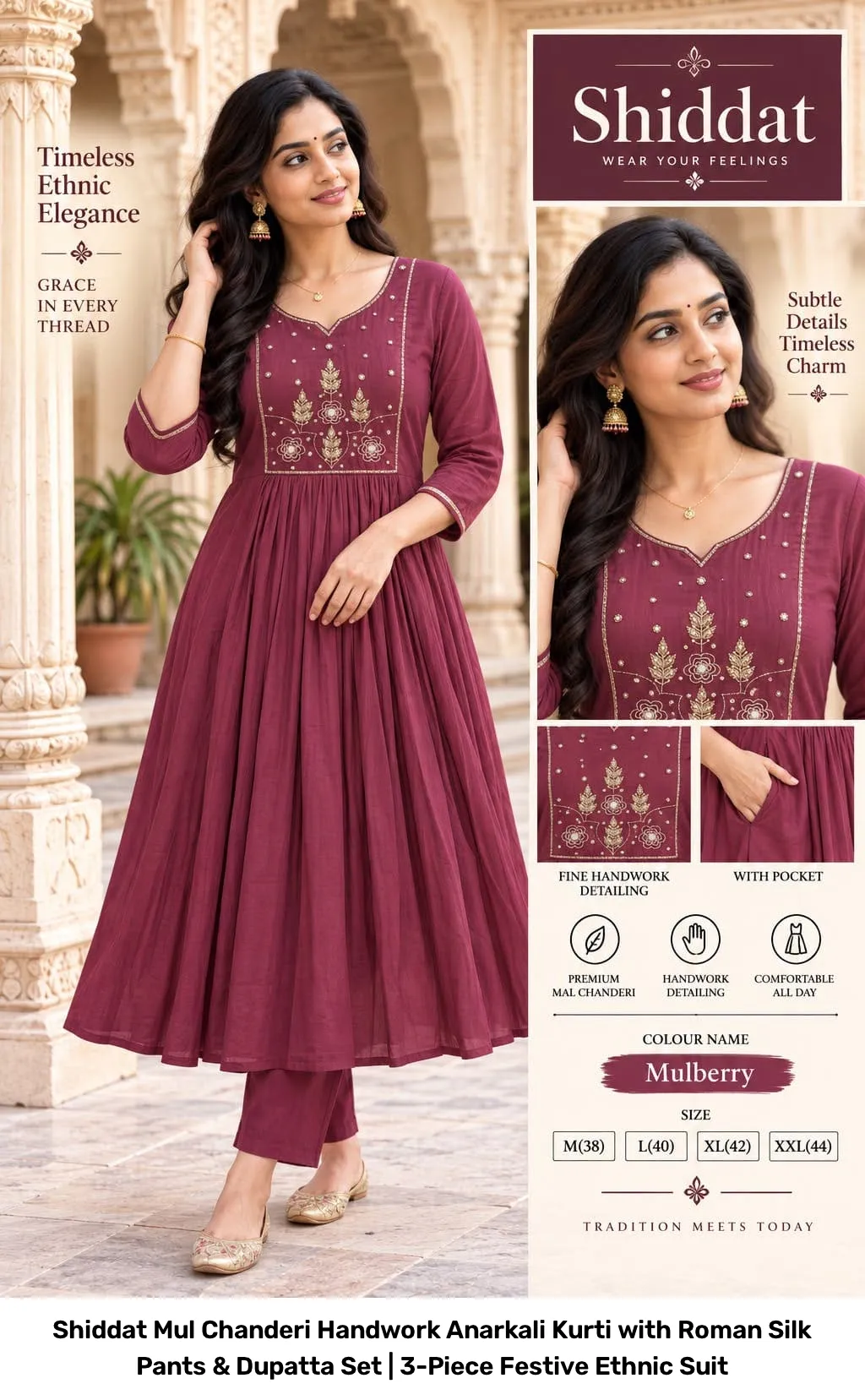 Shiddat Mul Chanderi Handwork Anarkali Kurti with Roman Silk Pants & Dupatta Set | 3-Piece Festive Ethnic Suit 7