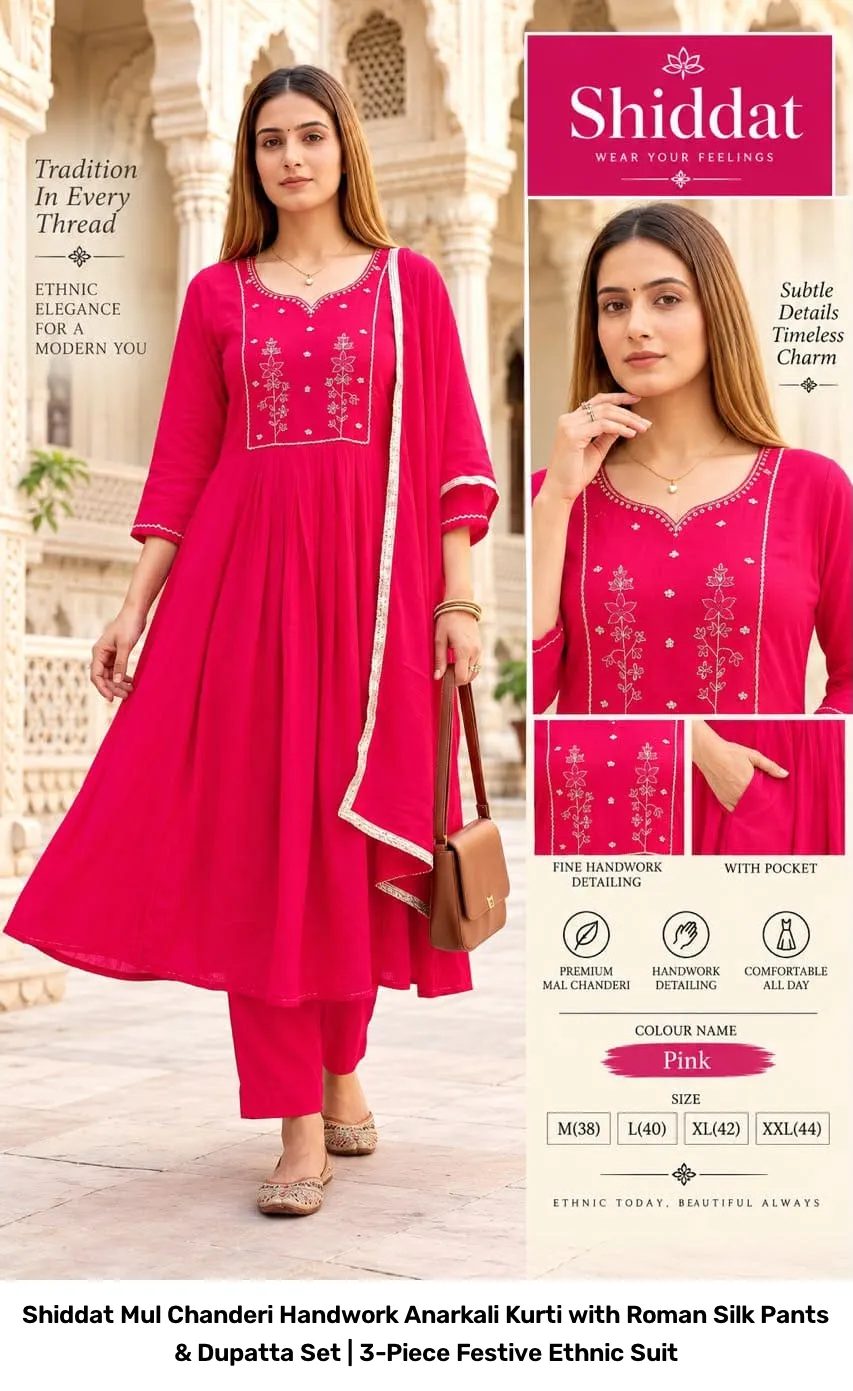 Shiddat Mul Chanderi Handwork Anarkali Kurti with Roman Silk Pants & Dupatta Set | 3-Piece Festive Ethnic Suit 8