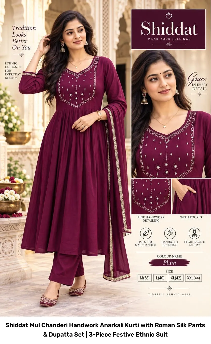 Shiddat Mul Chanderi Handwork Anarkali Kurti with Roman Silk Pants & Dupatta Set | 3-Piece Festive Ethnic Suit 9