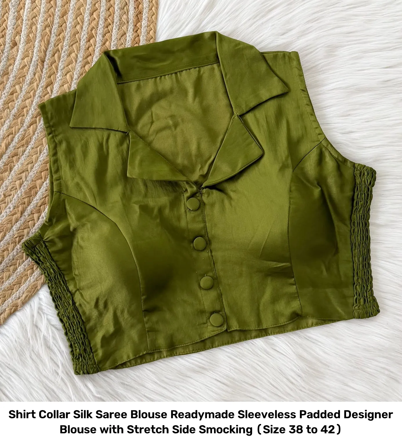 Shirt Collar Silk Saree Blouse Readymade – Sleeveless Padded Designer Blouse with Stretch Side Smocking (Size 38 to 42) 10