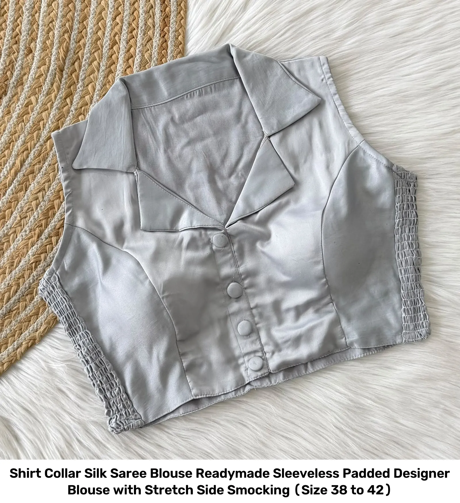 Shirt Collar Silk Saree Blouse Readymade – Sleeveless Padded Designer Blouse with Stretch Side Smocking (Size 38 to 42) 11