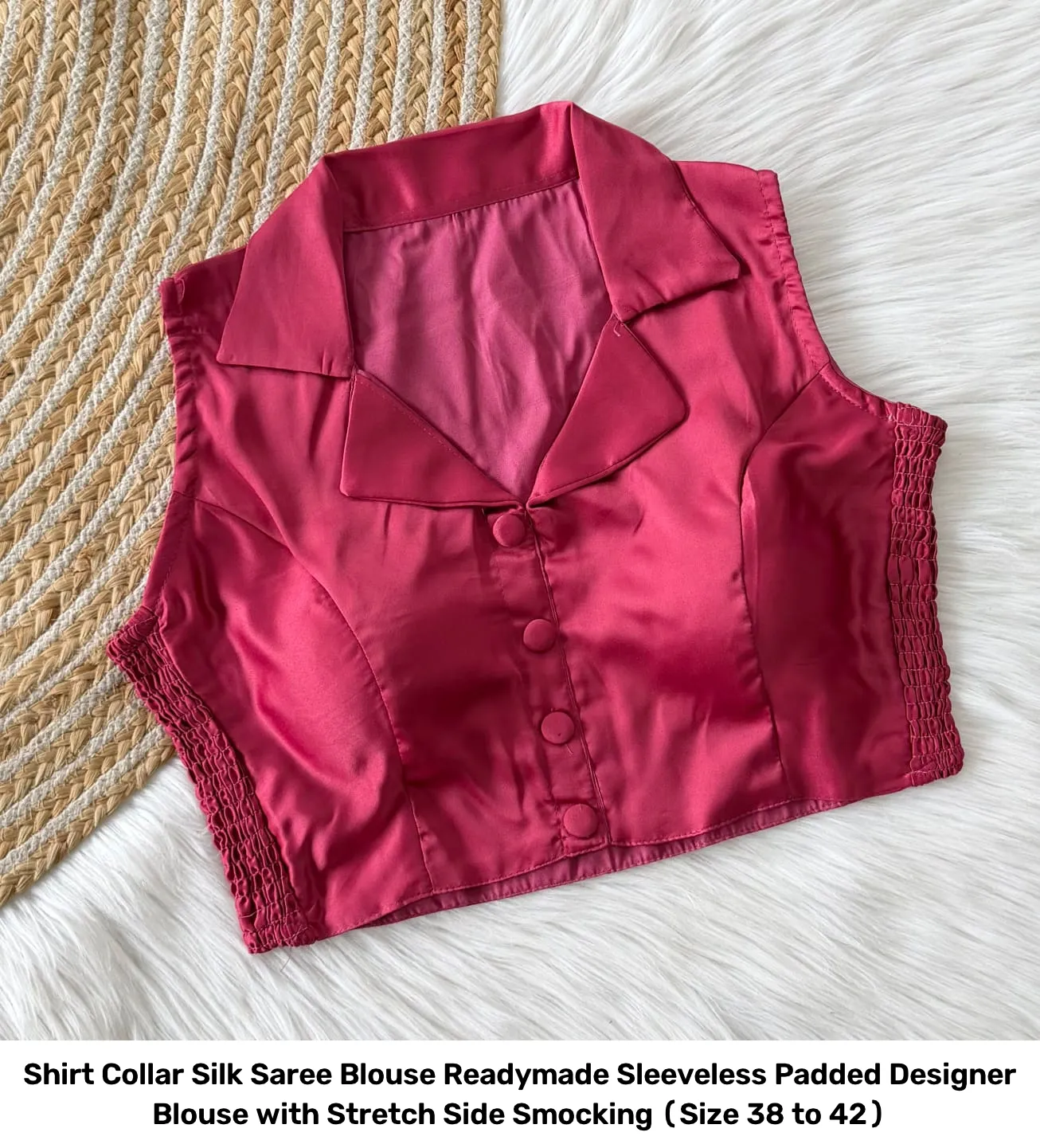 Shirt Collar Silk Saree Blouse Readymade – Sleeveless Padded Designer Blouse with Stretch Side Smocking (Size 38 to 42) 14